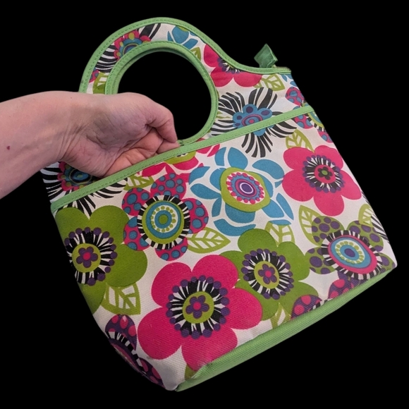 Floral Handled, Zip Top, Insulated W Pocket Lunch Medication Bag 13"Lx12"Wx4"D - Picture 9 of 12